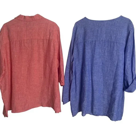 (2) Tahari linen tunic tops blouse 3X blue/peach women's NEW - Picture 3 of 16